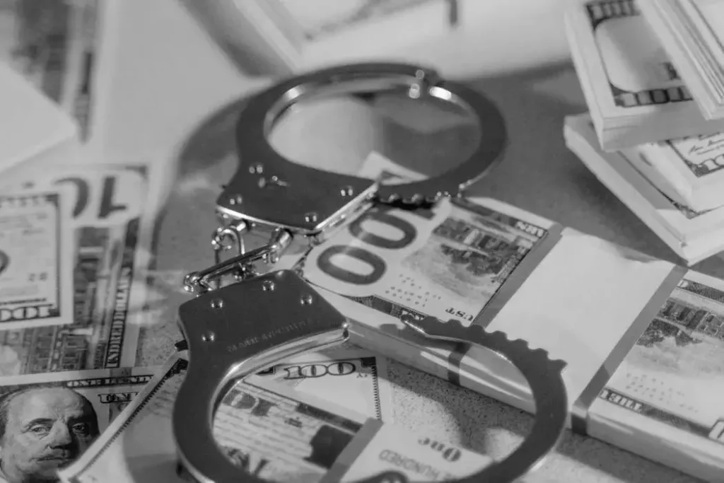 Handcuffs on stacks of hundred-dollar bills, illustrating financial crimes and securities fraud.